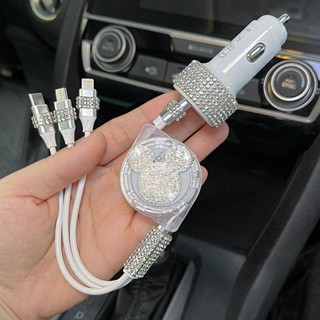 Vehicle-Mounted USB Cable Three-in-One Fast Charging Mobile Phone Type-C Charging Cable Retractable Car One-to-Three Multi-Head Multi-Purpose 3D9K