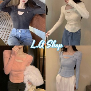 L.A Shop พร้อมส่ง เสื้อไหมพรมแขนยาว ดีเทลสายด้านหน้า ใส่ได้2แบบเท่สุดๆ "C595"