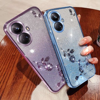 เคสโทรศัพท์มือถือ ซิลิโคนนิ่ม TPU ใส ปิดด้านหลัง แต่งกลิตเตอร์ พลอยเทียม ระยิบระยับ ลายดอกกุหลาบ ระยับ แฟชั่น สําหรับ Realme 10 Pro Plus 5G 10 Pro 5G