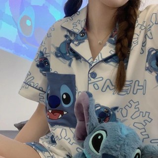 ชุดนอน เสื้อคาร์ดิแกน แขนสั้น ลายการ์ตูน Stitch แฟชั่นฤดูร้อน สําหรับผู้หญิง 2023