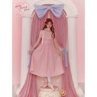 GIRLYFANCYCLUB Sweetheart Strawberry * Pleated Bow Sleeveless Swing Long Dress Pink Strap Dress เดรสสายเดี่ยว