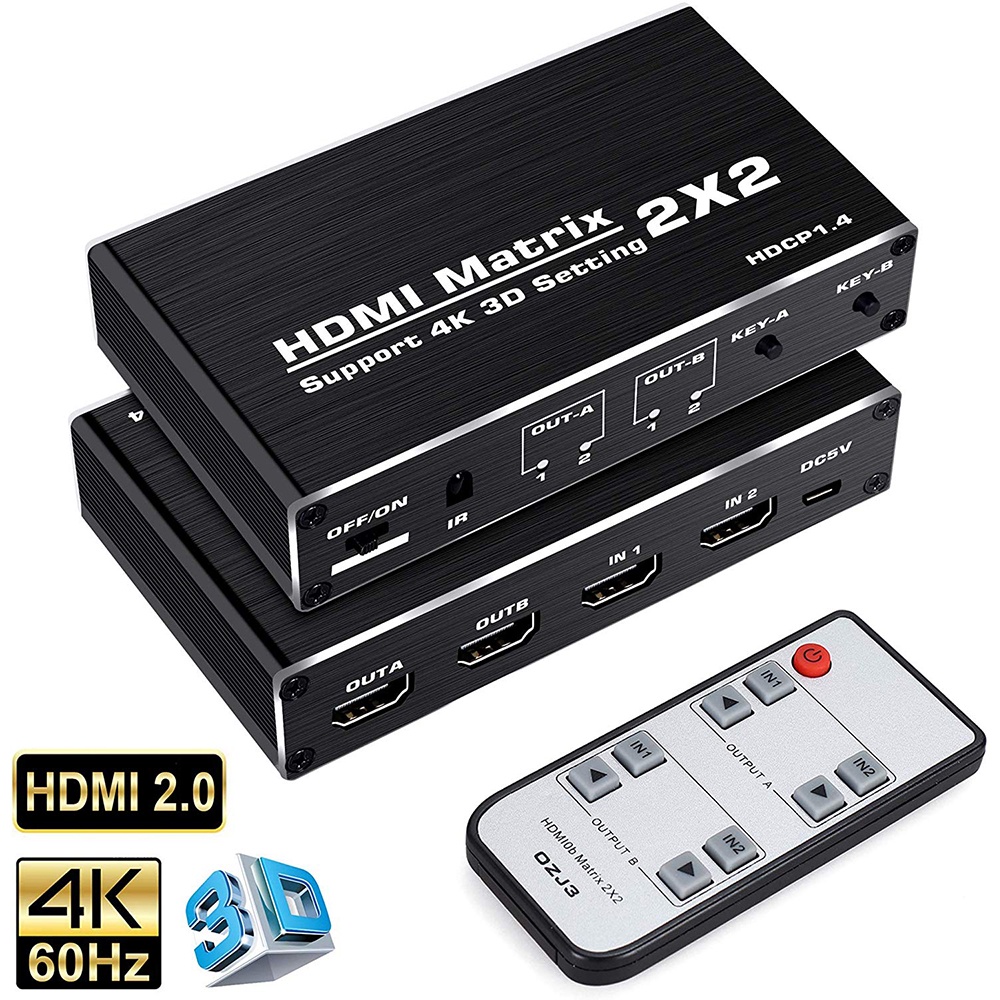2x2 HDMI Matrix พร้อมรีโมท 4K @ 60Hz 1080P True Matrix Switch Splitter Adapter สําหรับโปรเจคเตอร์ PC TV PS3