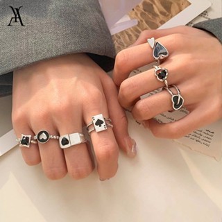 AY（CN）7Pcs/set Retro Spades Heart Ring Set Dropping Oil Silver Rings for Women Jewelry Accessories