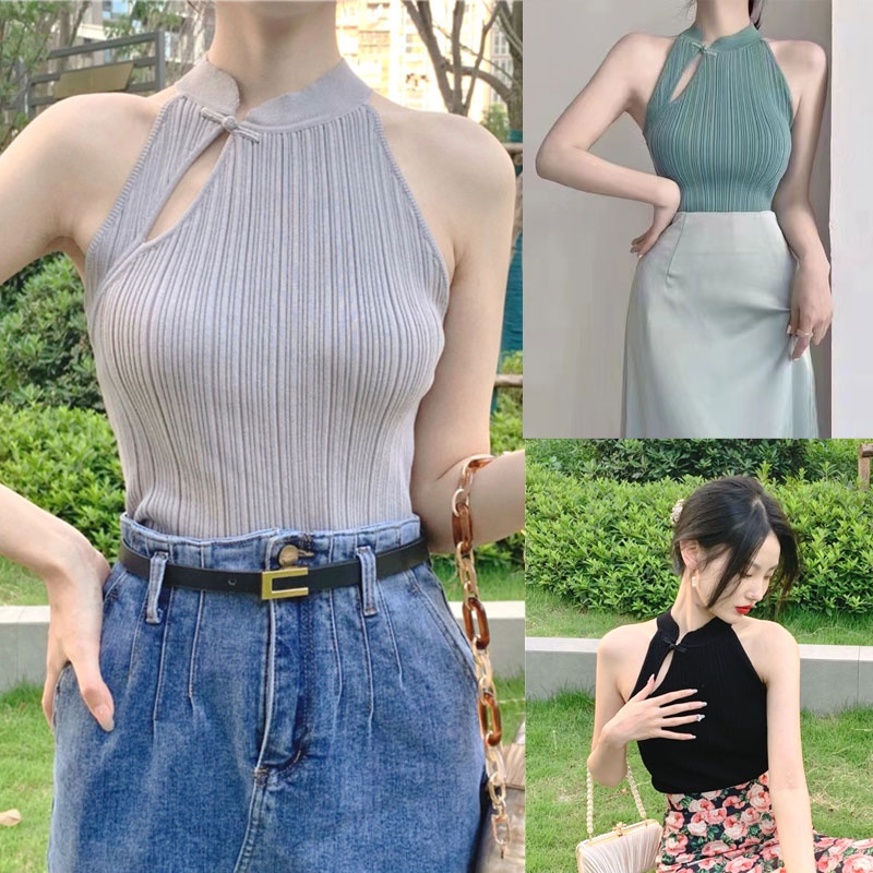 mimi&didi เสื้อกล้ามแขนกุดไหมพรม เสื้อแขนกุด สีพื้น แนวเรโทร สําหรับผู้หญิง สไตล์เกาหลี J160