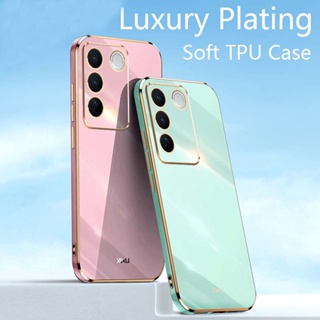 เคสโทรศัพท์ซิลิโคน Tpu แบบนิ่ม กรอบสี่เหลี่ยม ชุบทอง หรูหรา สําหรับ Vivo V27e V 27E V27 E 27 VivoV27e 2023