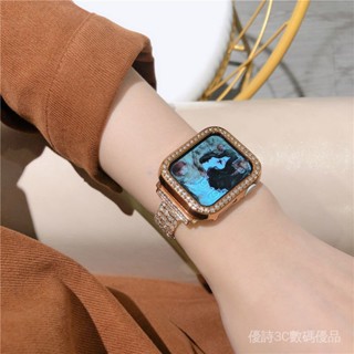 สายนาฬิกาข้อมือสเตนเลส ประดับเพชรสี่แถว สําหรับ Apple Watch iwatch S8 S7 5 6 SE 45 มม. 40 41 มม. 44 มม.