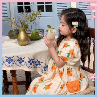 Childrens cotton short-sleeved floral dress 2023 Summer new girls loose Western style sweet style princess dress