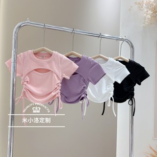 ❀Qinzi เสือดาว❀พร้อมส่ง เสื้อยืดลําลอง ผ้าฝ้ายแท้ แขนสั้น เข้ารูป สีพื้น แฟชั่นฤดูร้อน สําหรับเด็กผู้หญิง 2023