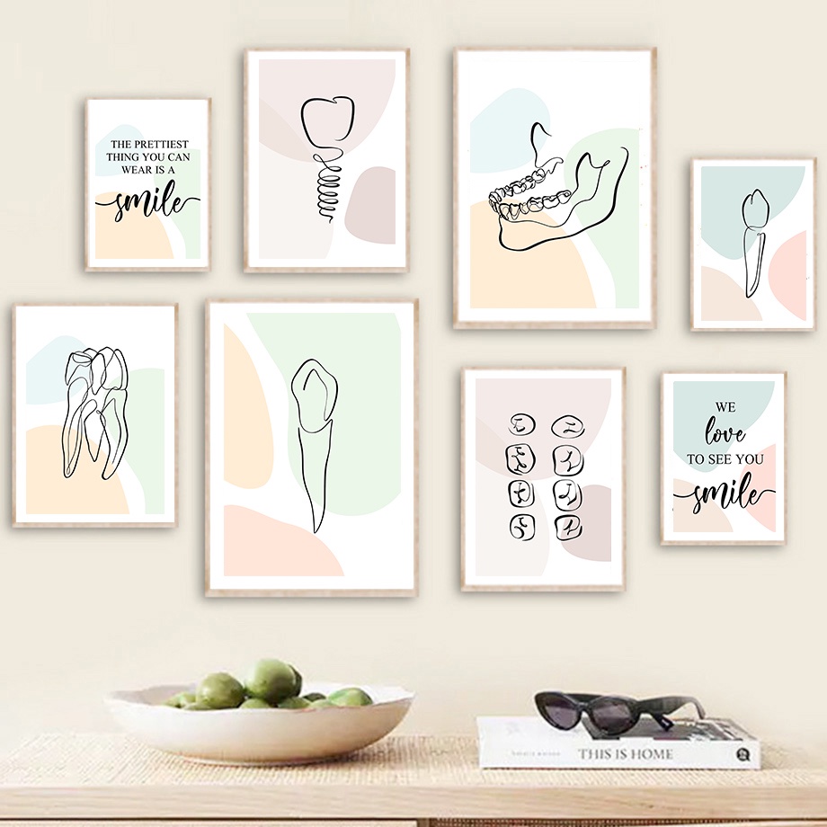 ฟันบทคัดย่อสายช่องปากสุขภาพทันตแพทย์ Wall Art ภาพวาดผ้าใบ Nordic โปสเตอร์และพิมพ์ภาพผนังสําหรับทันตกรรม Clinic Decor