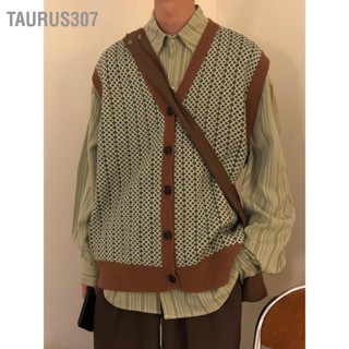 Taurus307 เสื้อคาร์ดิแกนกันหนาว คอวี แขนกุด ผ้าถัก ทรงหลวม สไตล์วินเทจ แฟชั่นสําหรับผู้ชาย