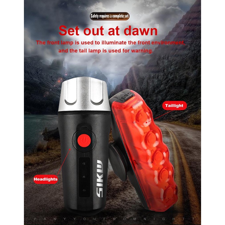 SIKW L315 Bicycle Mountain Bike Front Light Tail Light Package Night Riding Waterproof USB Charging Warning Light Tail Light
