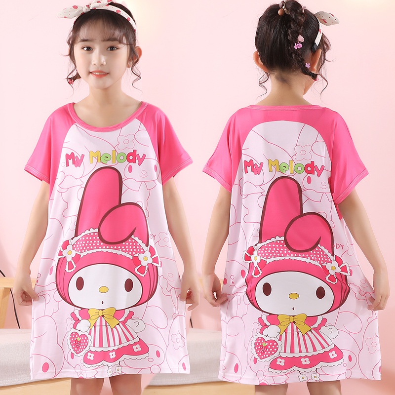 พร้อมสต็อก 90-160ซม เด็กผ้าไหมนมแขนสั้น ชุดนอน ฤดูร้อนบางเจ้าหญิงกระโปรงสั้นชุดนอนเด็กผู้หญิง