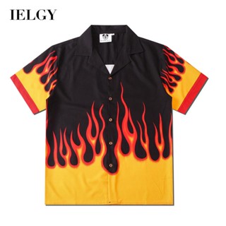 IELGY เสื้อเชิ้ต แขนสั้น พิมพ์ลายเปลวไฟ ลําลอง ทรงหลวม สําหรับผู้ชาย คู่รัก