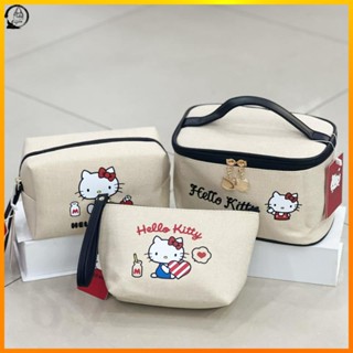 กระเป๋าเครื่องสําอาง ผ้าแคนวาส ทรงสี่เหลี่ยม ขนาดเล็ก แบบพกพา ลาย Hello Kitty สําหรับผู้หญิง