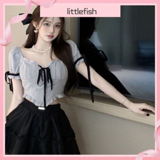 [littlefish] เสื้อแขนสั้น คอสี่เหลี่ยม แขนพอง แบบผูกเชือก เข้ารูป หรูหรา แฟชั่นฤดูร้อน สําหรับเด็กผู้หญิง