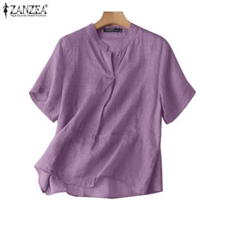 Zanzea เสื้อเชิ้ต แขนสั้น ลําลอง คอวี สีพื้น สไตล์เกาหลี เรียบง่าย สําหรับผู้หญิง