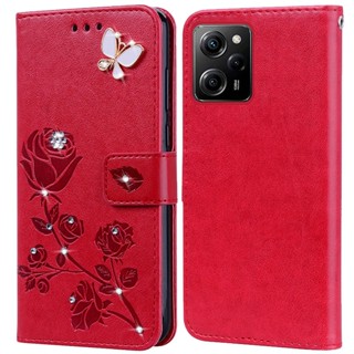 เคสโทรศัพท์มือถือหนัง ซิลิโคน ลายดอกกุหลาบ ลายนูน ประดับเพชร สําหรับ Xiaomi Poco X5 Pro 5G X5