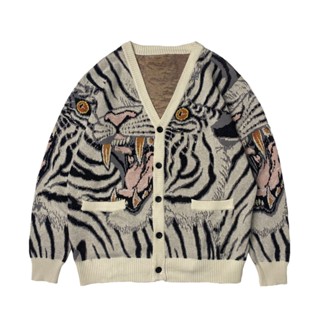 8W7N Kapital Vintage Jacquard tiger totem knitted V-neck Japanese sweater knitted cardigan coat