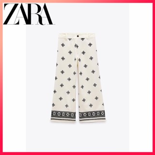 Zara ใหม่ กางเกงผ้าลินิน เอวสูง พิมพ์ลาย สําหรับผู้หญิง