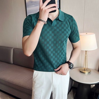 ผ้าไหมน้ำแข็งระดับไฮเอนด์กลวงPOLOเสื้อเชิ้ตผู้ชายแขนสั้นฤดูร้อนแบบบางสไตล์ธุรกิจระดับไฮเอนด์แฟชั่นปกถักTเสื้อ