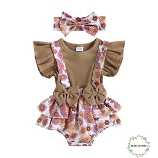 Babyclothes- ชุดรอมเปอร์ จัมพ์สูทแขนกุด ลายดอกไม้ กางเกงขาสั้น แต่งระบาย แต่งโบว์ และที่คาดผม สําหรับเด็กทารกผู้หญิง