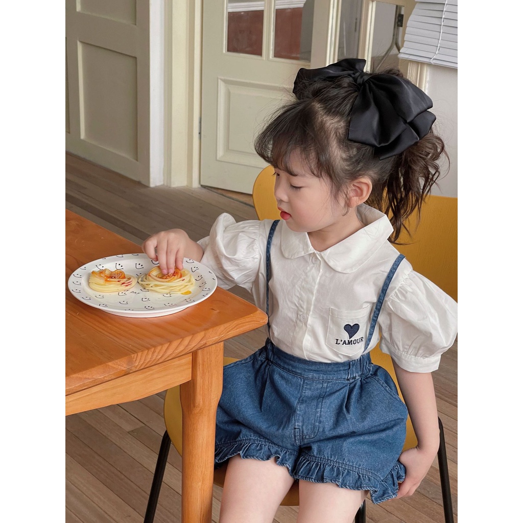 ชุดเสื้อเชิ้ตแขนสั้น ผ้าฝ้าย และผ้ายีน และกางเกงขาสั้น แฟชั่นฤดูร้อน สไตล์เกาหลี สําหรับเด็กผู้หญิง จํานวน 2 ชิ้น - รูปที่ 4