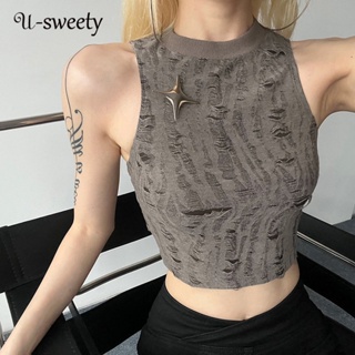 U-sweety เสื้อยืด คอกลม แขนกุด ทรงสลิมฟิต สีพื้น แฟชั่นสําหรับผู้หญิง 2023