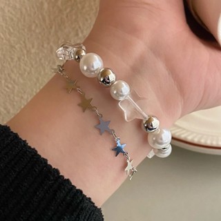 แฟชั่นใหม่ Y2K สร้อยข้อมือ ลูกปัดมุกเทียม คริสตัล ดาว เท่ โซ่สองชั้น ผู้หญิง สาวหวาน ความงาม เสน่ห์ เครื่องประดับ