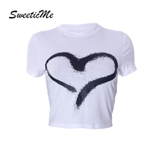 Sweeticme ใหม่ เสื้อยืดครอป คอกลม แขนสั้น พิมพ์ลาย ทรงสลิมฟิต แฟชั่นสําหรับผู้หญิง 2023