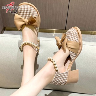 QiaoYiLuo Bowknot Thick Heel สีดํารองเท้าหนังขนาดเล็กผู้หญิง New Girls Retro สไตล์อังกฤษอเนกประสงค์เรียบง่าย