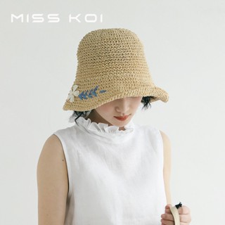 Misskoi [พร้อมส่ง] หมวกฟางถักโครเชต์ ปักลายดอกเดซี่ ขนาดเล็ก พับได้ แฟชั่นฤดูร้อน สําหรับผู้หญิง