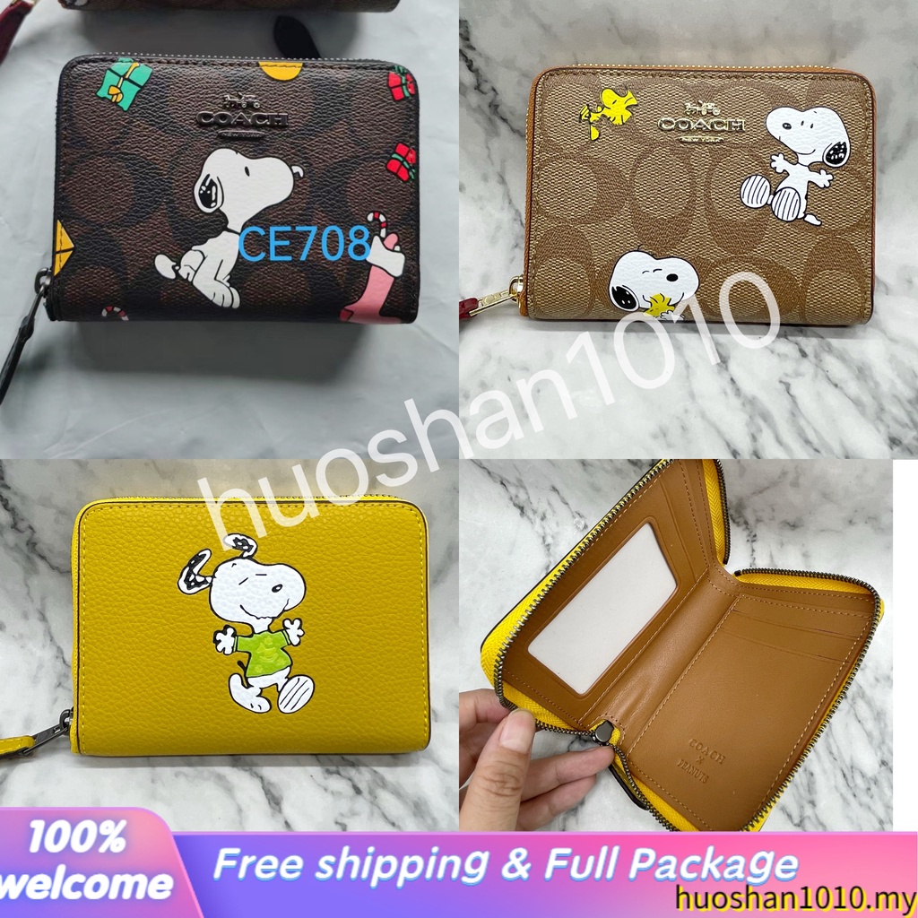 COACH CE704 CE708 Snoopy กระเป๋าสตางค์/หญิง/กระเป๋าสตางค์ซิป/สนูปปี้/หนังวัวชั้นแรก