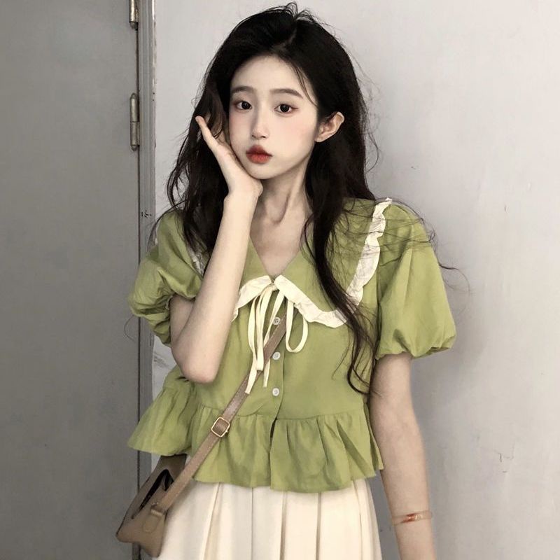 Gugu .L～แขนสั้น สีทึบปลอกคอตุ๊กตาเสื้อแขนสั้นฟอง เวอร์ชั่นเกาหลีมีสไตล์และสง่างามดูผอมบางอาวุโสเสื้อเชิ้ต#VL00365