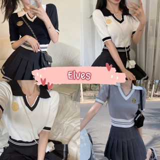 Elves✨พร้อมส่ง✨ เสื้อไหมพรมแขนสั้นคอปก นักเรียนเกาหลีมากแม่ ~T025~ -C