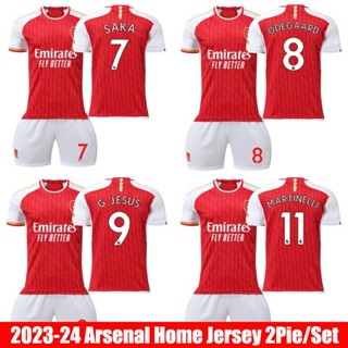 ใหม่ เสื้อกีฬาแขนสั้น ลายทีมชาติฟุตบอล Arsenal Home Jersey Martinelli Degaard Saka Jesus 23-24 2 ชิ้น ต่อชุด