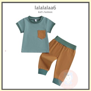 Laa6- เสื้อยืดแขนสั้น สีตัดกัน พร้อมกางเกงขายาว สําหรับเด็กผู้ชาย 2 ชิ้น