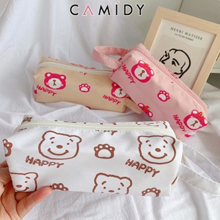 Camidy หมีสตรอเบอร์รี่สไตล์ญี่ปุ่นน่ารักความจุขนาดใหญ่กระเป๋าดินสอหญิงผ้าใบนักเรียนเก็บกระเป๋าเครื่องเขียน