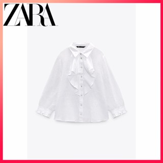 Zara ใหม่ เสื้อเชิ้ต ผ้าลินิน ตกแต่งเลเยอร์ สําหรับผู้หญิง