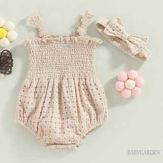 Babygarden-0-18 เดือน ชุดรอมเปอร์ แขนกุด จับจีบ กลวง สีพื้น พร้อมโบว์ ที่คาดผม สําหรับเด็กผู้หญิง