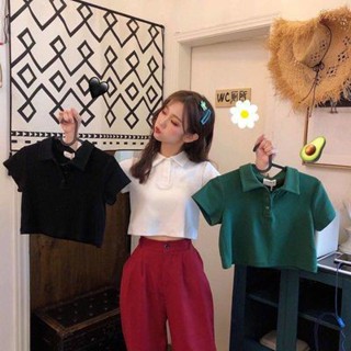 Eva Style🍒พร้อมส่ง✨COD เสื้อครอป เสื้อโปโลแขนสั้น ครอปด้านบนมีให้เลือก 3 สีน่ารักมากแฟชั่นผู้หญิงใส่สีทึบเสื้อยืดผ้าฝ้าย