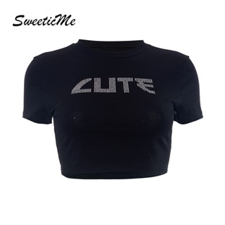 Sweeticme ใหม่ เสื้อยืดครอปลําลอง แขนสั้น คอกลม พิมพ์ลายเพชร แฟชั่นสําหรับสตรี 2023