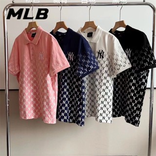 Mlb NY เสื้อโปโลแขนสั้น ผ้าฝ้าย 100% ปักลายโลโก้ ไล่โทนสี สําหรับผู้ชาย และผู้หญิง