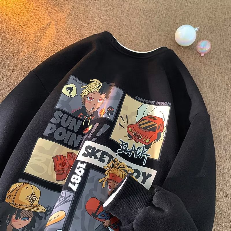 เสื้อกันหนาว คอกลม โอเวอร์ไซซ์ ลายการ์ตูนอะนิเมะสตรีท แฟชั่นคู่รัก สไตล์ฮิปฮอป สําหรับผู้ชาย และผู้หญิง