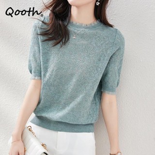 Qooth เสื้อเชิ้ตแขนสั้นลําลอง ผ้าถัก แต่งลูกไม้กลวง หรูหรา แฟชั่นฤดูใบไม้ผลิ ฤดูร้อน สําหรับผู้หญิง QT2076