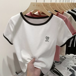 เสื้อยืดแขนสั้น คอกลม ผ้าฝ้ายแท้ ปักลายกระต่าย แฟชั่นฤดูร้อน สําหรับผู้หญิง