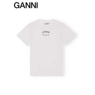 【พร้อมส่ง】ใหม่ เสื้อยืดแขนสั้น คอกลม พิมพ์ลายโลโก้ GANNI สีขาว แฟชั่นฤดูร้อน สําหรับผู้หญิง