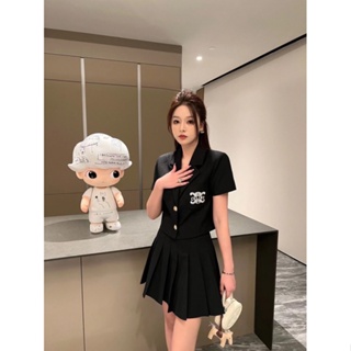 CELINE 23 spring and summer new elegant fashion Arc de Triomphe embroidered logo short suit jacket pleated skirt suit XVC5