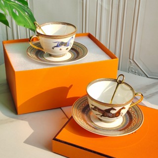 H Home Horse Bone China Two Cup Two Saucer ชุดช้อนกาแฟ ชา สองถ้วย สําหรับบ้าน ออฟฟิศ ของขวัญ OSNI