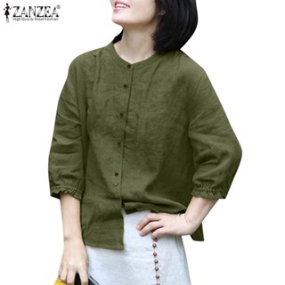 Zanzea เสื้อเชิ้ต คอกลม แขน 3/4 ผ้าฝ้าย สีพื้น สไตล์เกาหลี สําหรับผู้หญิง