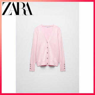 Zara เสื้อแจ็กเก็ต ผ้าถัก ติดกระดุม เครื่องประดับ สําหรับผู้หญิง